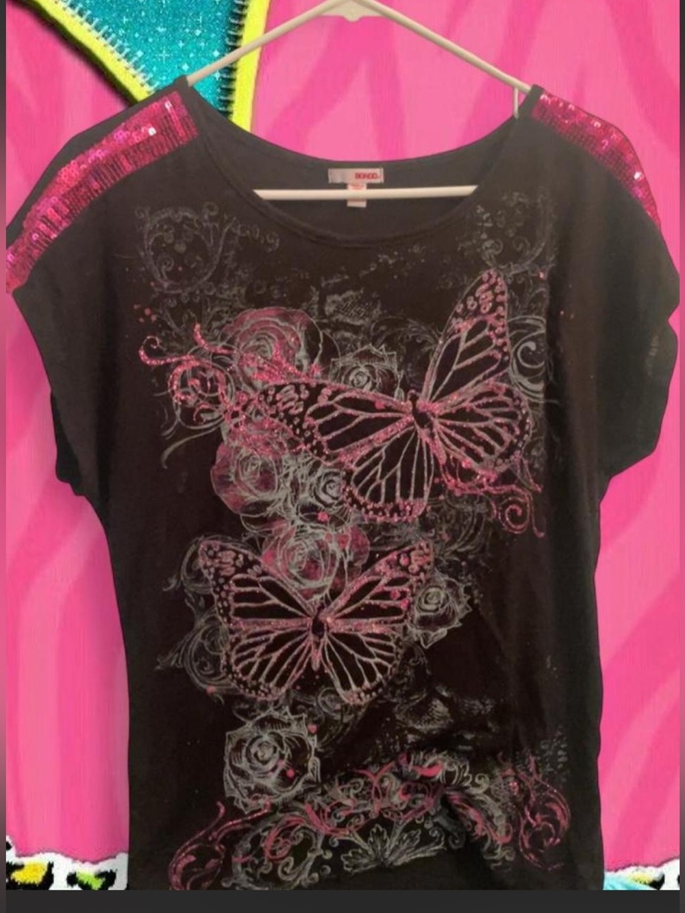 BONGO Black Tee with Pink Sequin Shoulders and Butterfly Print